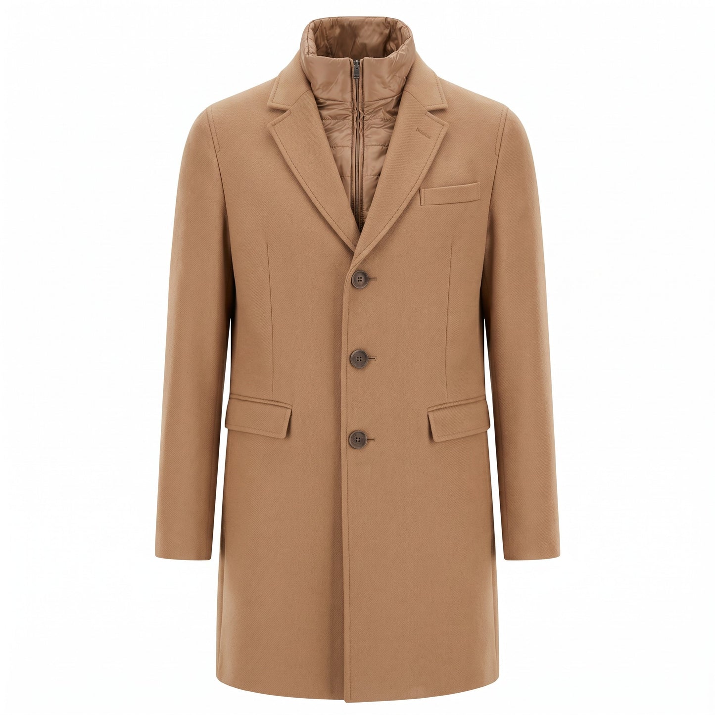 Herno Diagonal Wool Blend Topcoat With detachable Nylon Bib-Camel