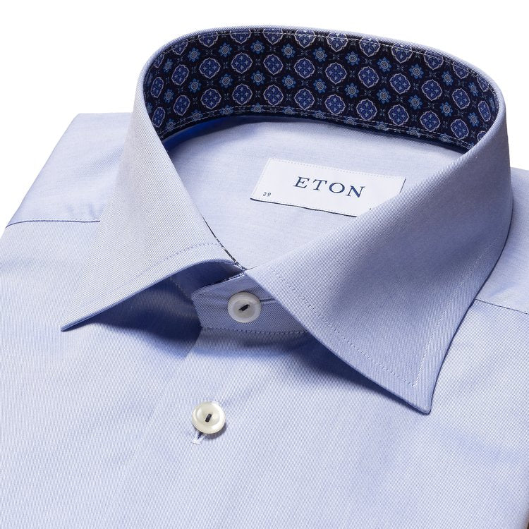 Eton Signature Twill Dress Shirt in Light Blue with Navy Medallion Contrast Details