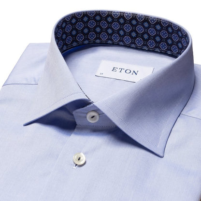 Eton Signature Twill Dress Shirt in Light Blue with Navy Medallion Contrast Details