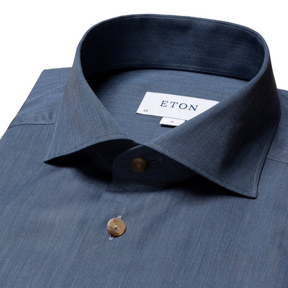 Eton Flannel Sport Shirt in Mid Blue Herringbone Pattern