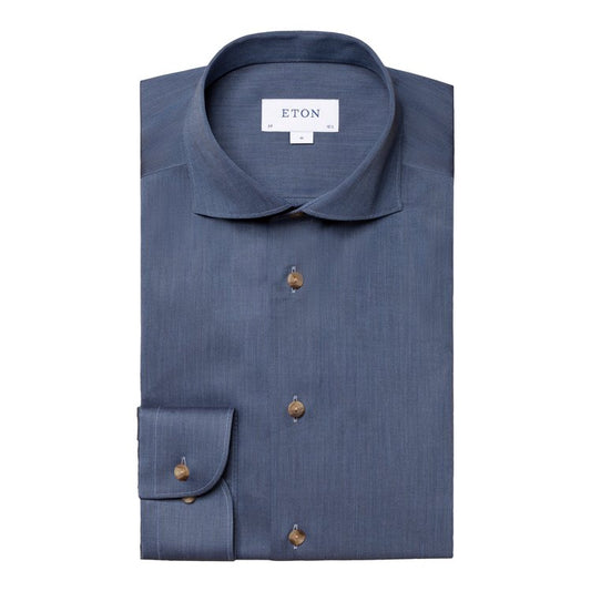 Eton Flannel Sport Shirt in Mid Blue Herringbone Pattern