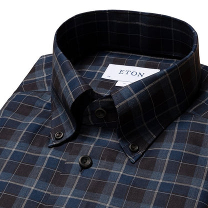 Eton Cotton Sport Shirt in Navy Plaid Pattern