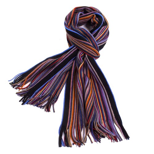 Colorful Pencil Stripe Wool Knit Scarf with Fringe In Blue/Multi