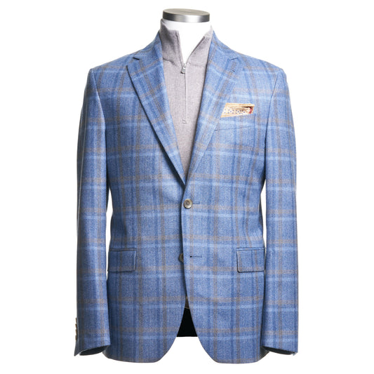 UOMO Sport Coat in 100% Wool Plaid in Light Blue & Tan
