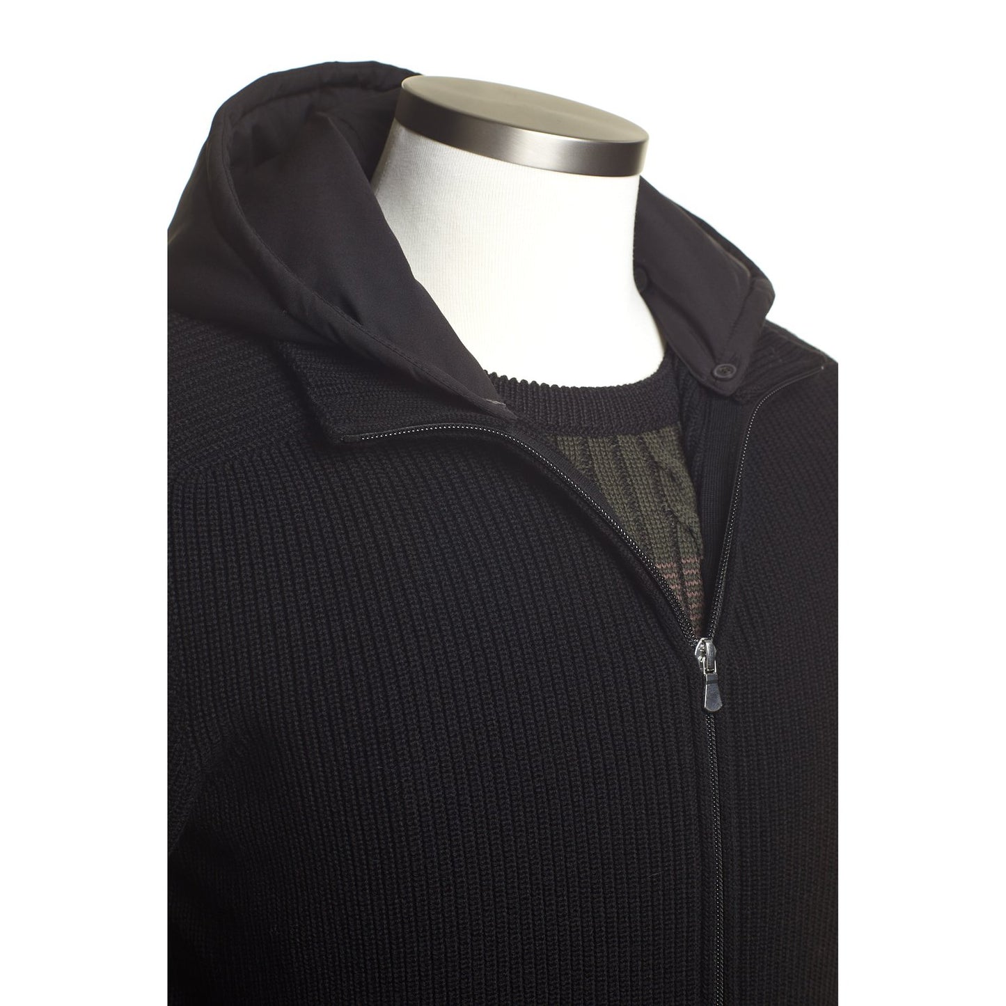 Gran Sasso Water-Resistant Wool Knit Sweater Jacket with Removable Hoodie in Black