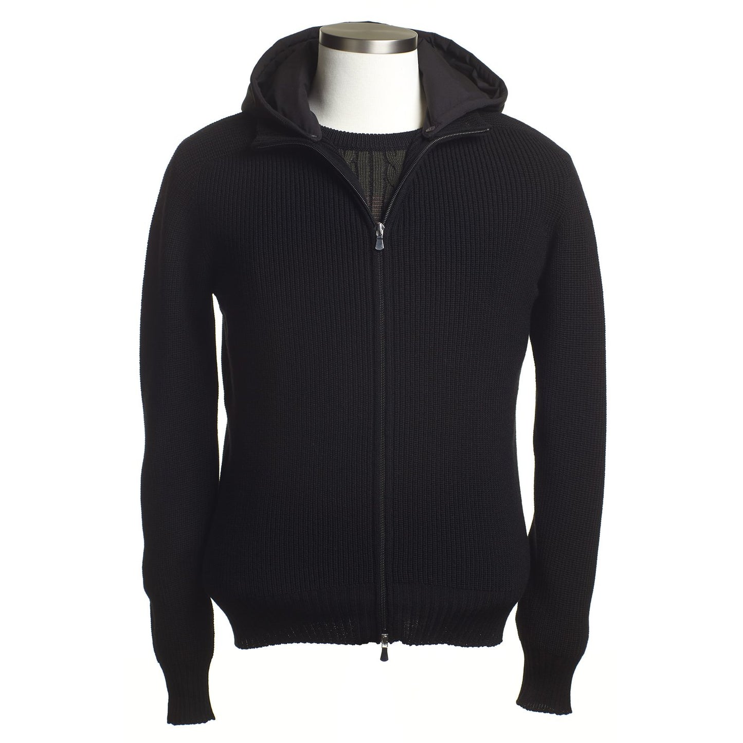 Gran Sasso Water-Resistant Wool Knit Sweater Jacket with Removable Hoodie in Black
