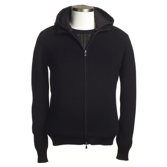 Gran Sasso Water-Resistant Wool Knit Sweater Jacket with Removable Hoodie in Black
