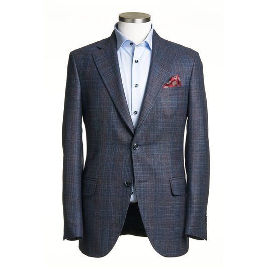 Uomo Sport Coat in Wool & Cashmere in Mid Blue & Light Maroon Plaid
