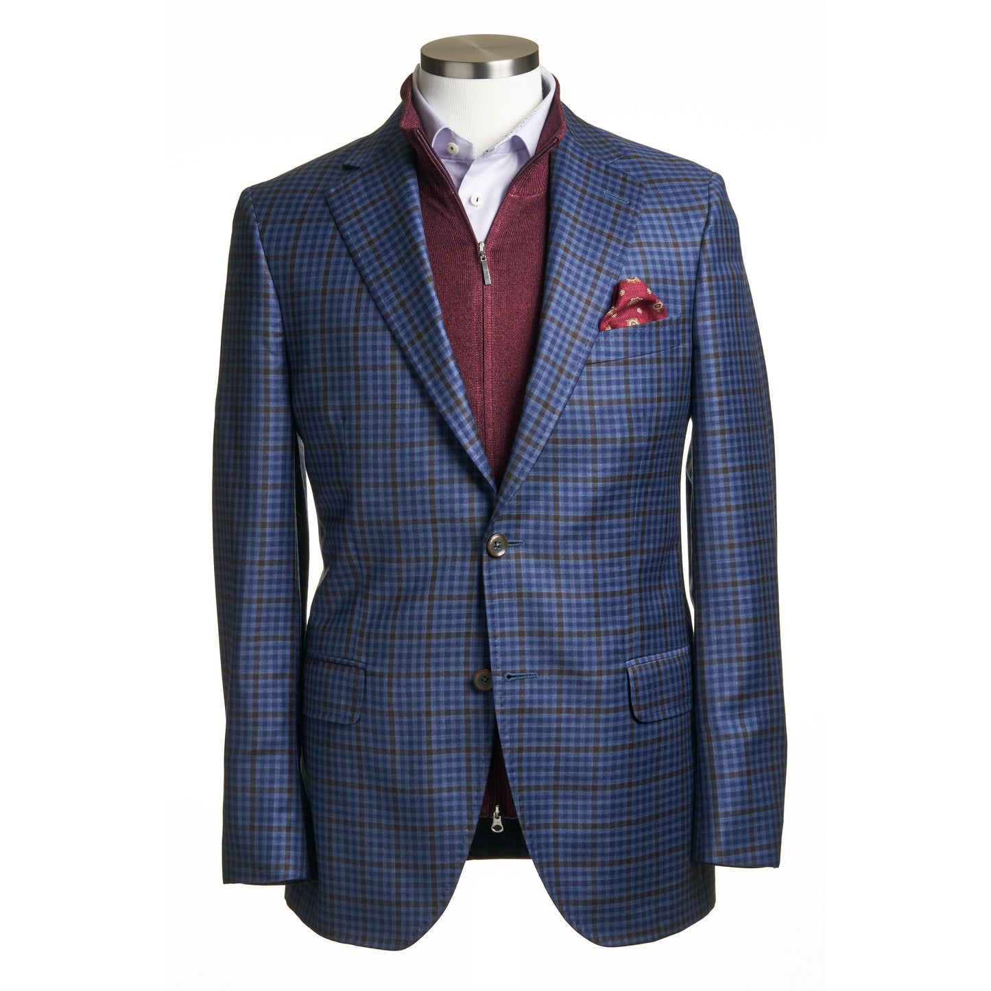 Uomo Sport Coat in 100% Wool in Mid Blue and Dark Maroon Mini Checked