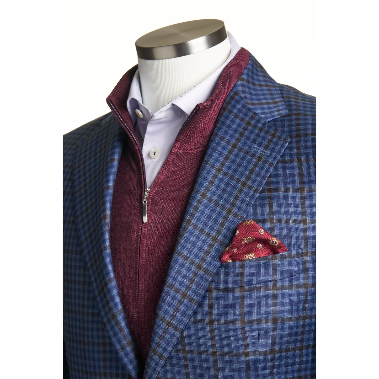 Uomo Sport Coat in 100% Wool in Mid Blue and Dark Maroon Mini Checked