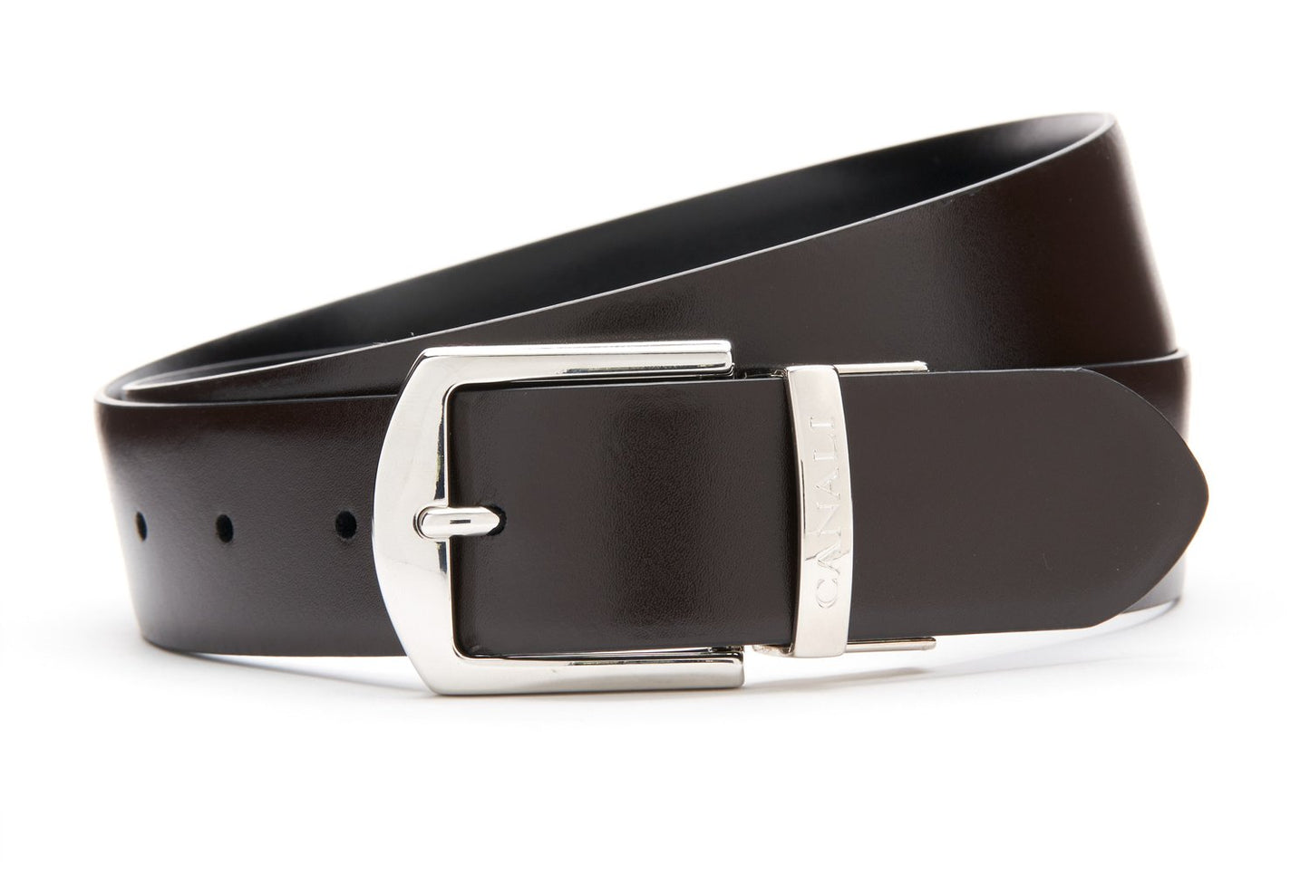 Canali Reversible Calfskin Belt in Dark Brown and Black