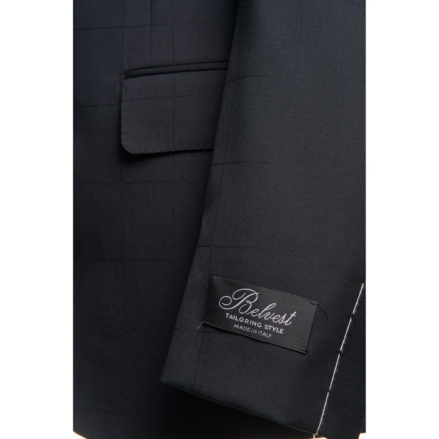 Belvest Super 110 Wool Suit in Black Windowpane Pattern
