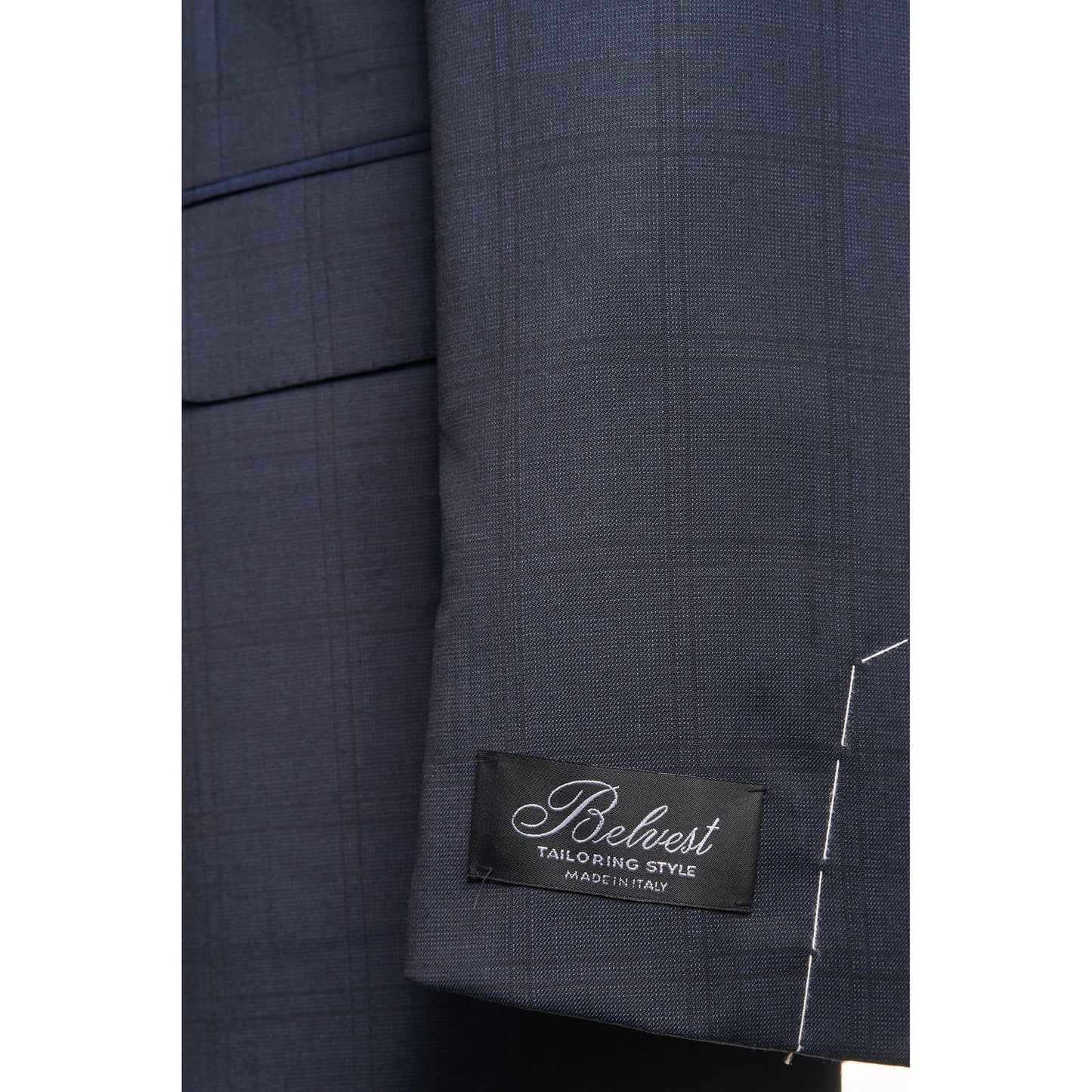 Belvest Super 130 Wool Suit in Navy Windowpane Pattern