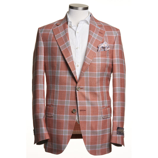 Uomo Wool, Silk, and Linen Blended Sport Coat in Salmon and Mid Blue Overcheck Pattern