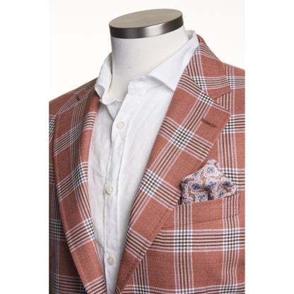 Uomo Wool, Silk, and Linen Blended Sport Coat in Salmon and Mid Blue Overcheck Pattern