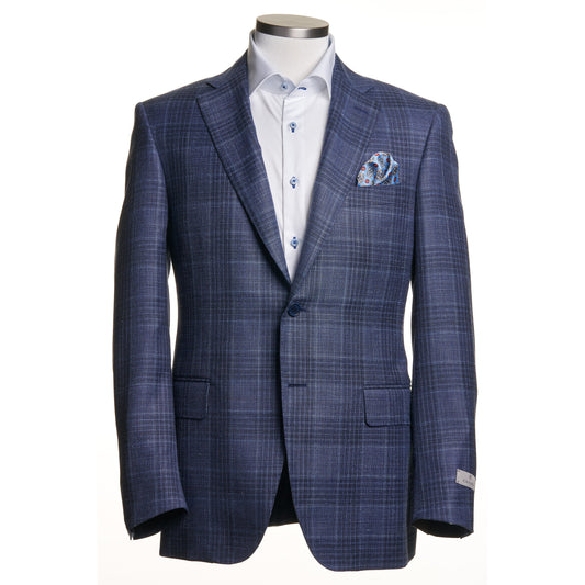 Canali Wool, Silk, and Linen Blend Sport Coat in Mid Blue Overcheck Pattern