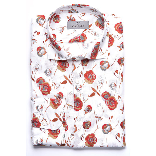 Canali Modern Fit Cotton Sport Shirt in White with Red Floral Pattern