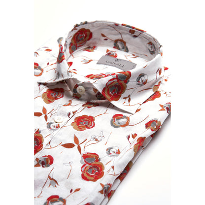 Canali Modern Fit Cotton Sport Shirt in White with Red Floral Pattern