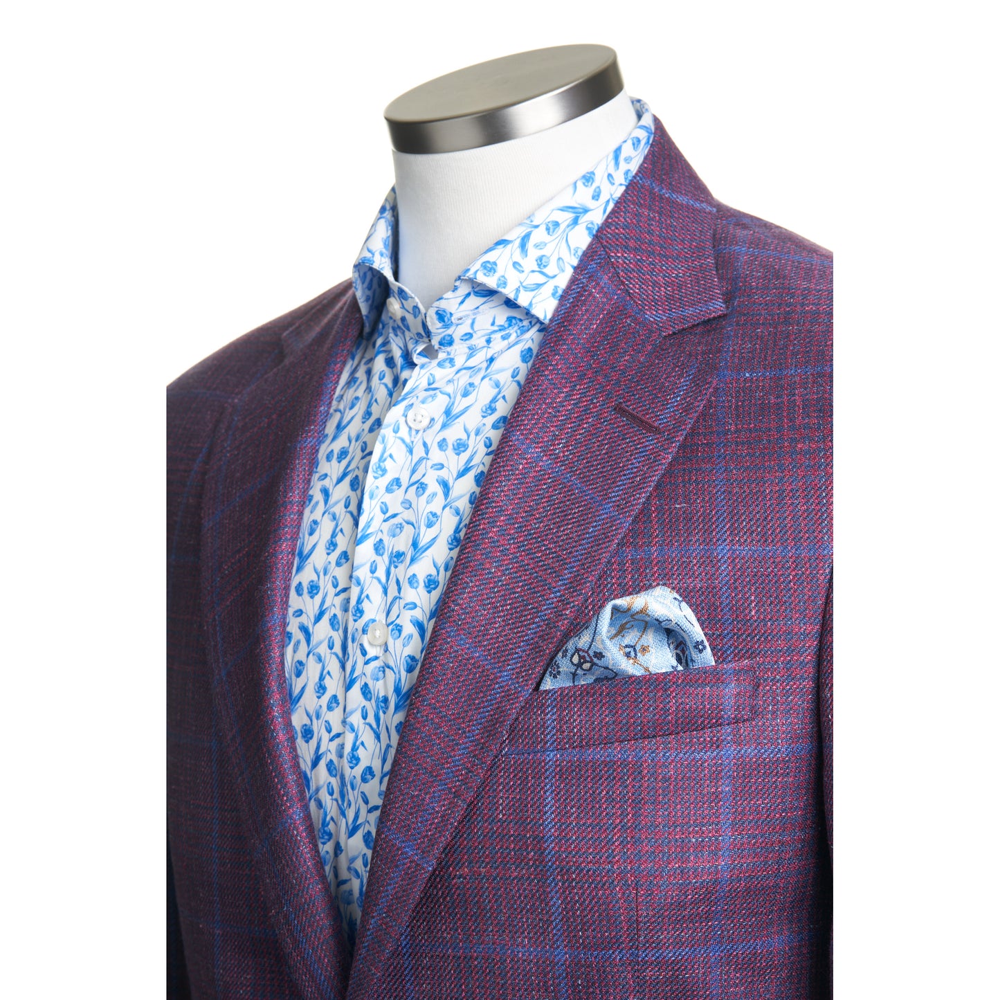 Uomo Sport Coat in Wool, Silk, & Linen in Raspberry Windowpane