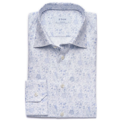 Eton Fine Twill Sport Shirt in White with Light Blue Design