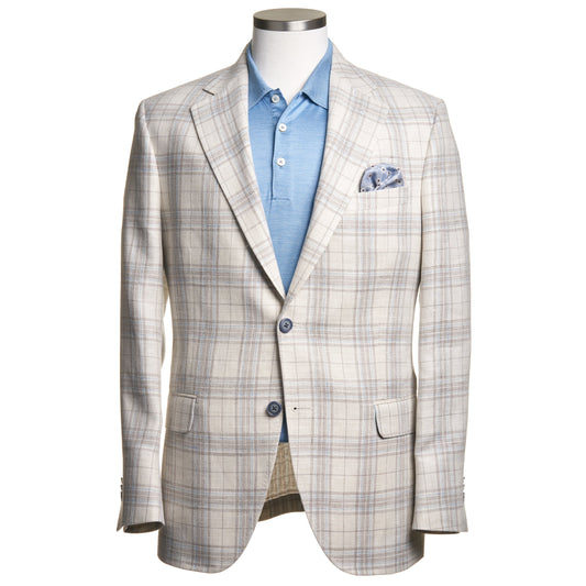 Uomo Wool-Linen Blend, Soft-Shoulder Sport Coat in Off White and Light Blue Plaid