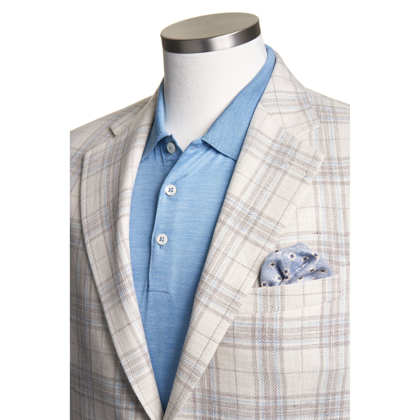Uomo Wool-Linen Blend, Soft-Shoulder Sport Coat in Off White and Light Blue Plaid