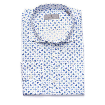 Canali Modern Fit Cotton Sport Shirt in White with Blue Floral Pattern