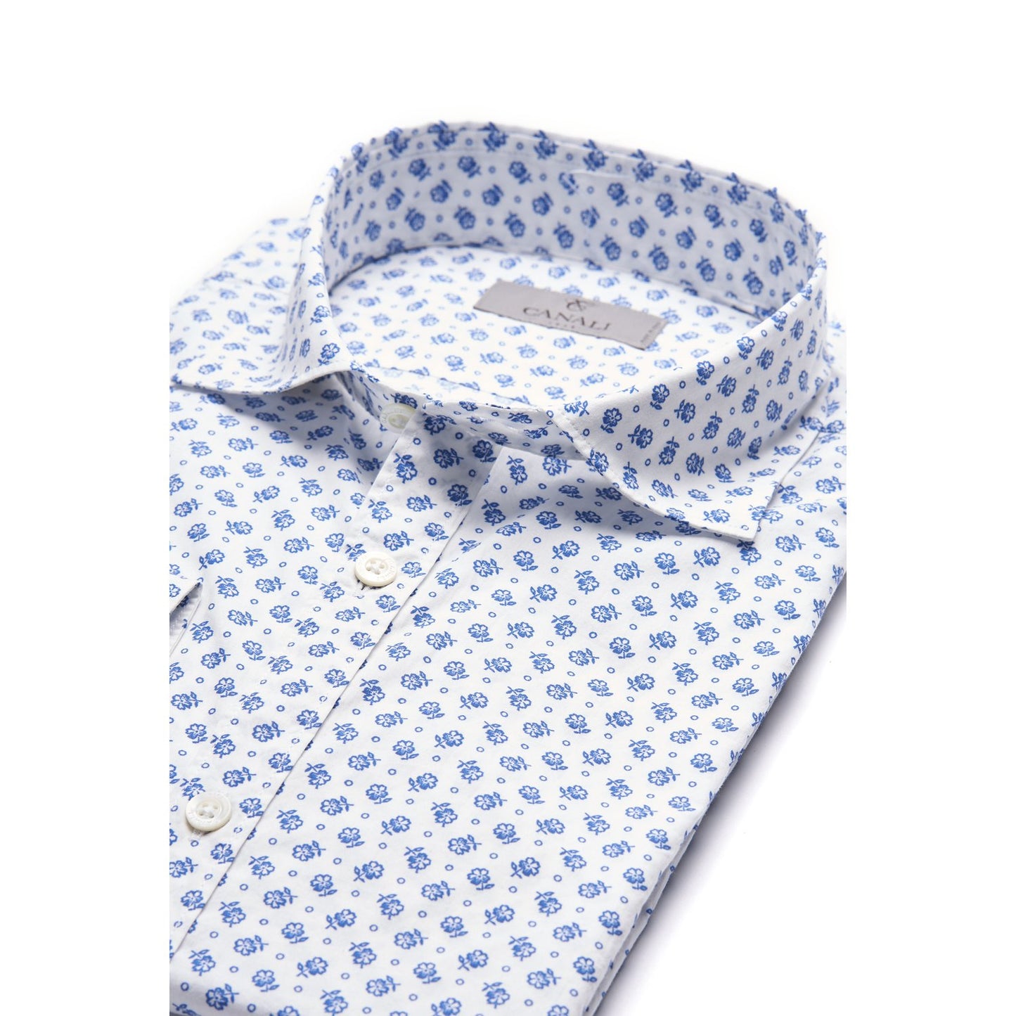 Canali Modern Fit Cotton Sport Shirt in White with Blue Floral Pattern
