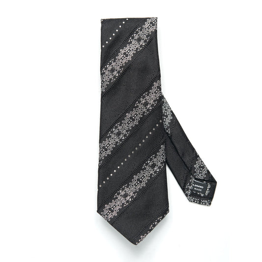 Pancaldi Silk Tie in Solid Black with Silver and Black Swarovski Stripes