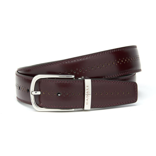 Canali Calfskin Leather Belt in Burgundy with Perforated Design