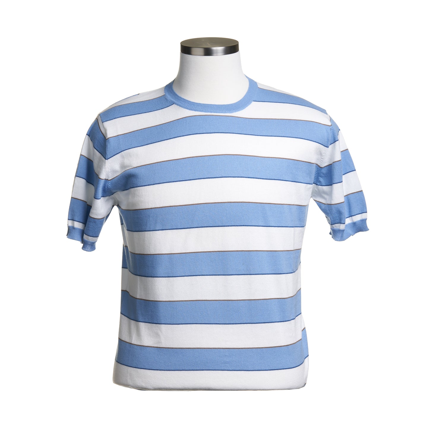 Ferrante Linen Mouline Crew Neck in Light Blue and White Stripes