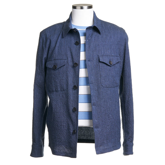 Fradi Seersucker Cotton & Linen Overshirt in Melange Blue