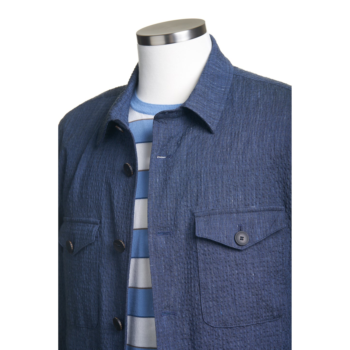 Fradi Seersucker Cotton & Linen Overshirt in Melange Blue