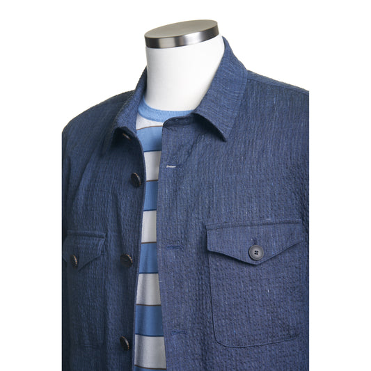 Fradi Seersucker Cotton & Linen Shirt Jacket in Mélange Blue