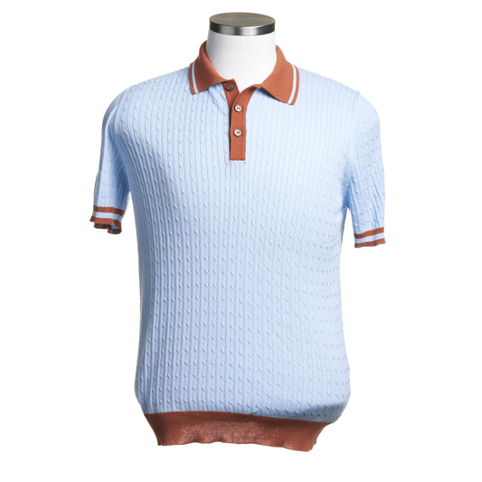 Gran Sasso Cable Knit Polo Shirt in Sky Blue