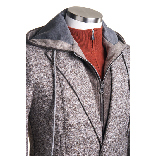 Fradi Tweed Wool & Cotton Flannel Jersey jacket with detachable hood in Mocha