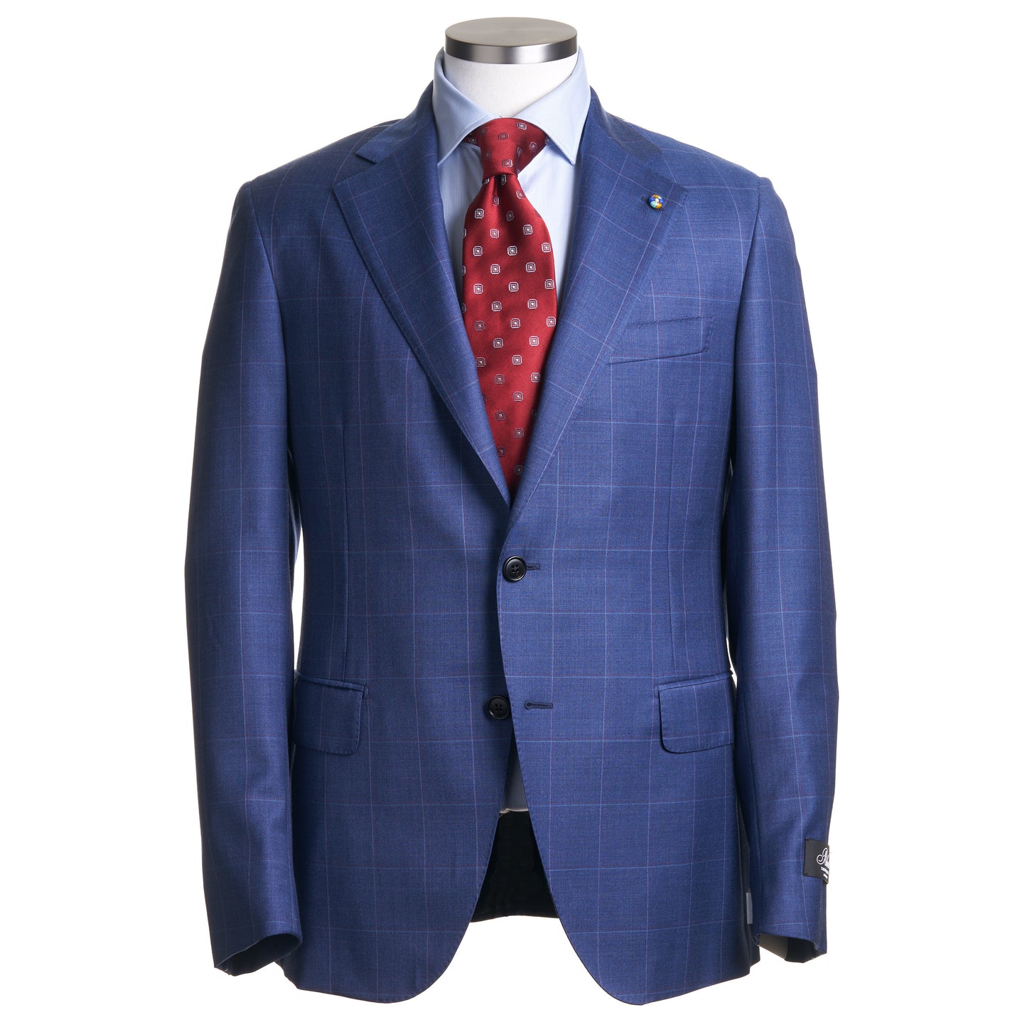 Belvest Super 130 Suit in windowpane pattern -Mid blue & Maroon
