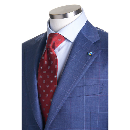 Belvest Super 130 Suit in windowpane pattern -Mid blue & Maroon