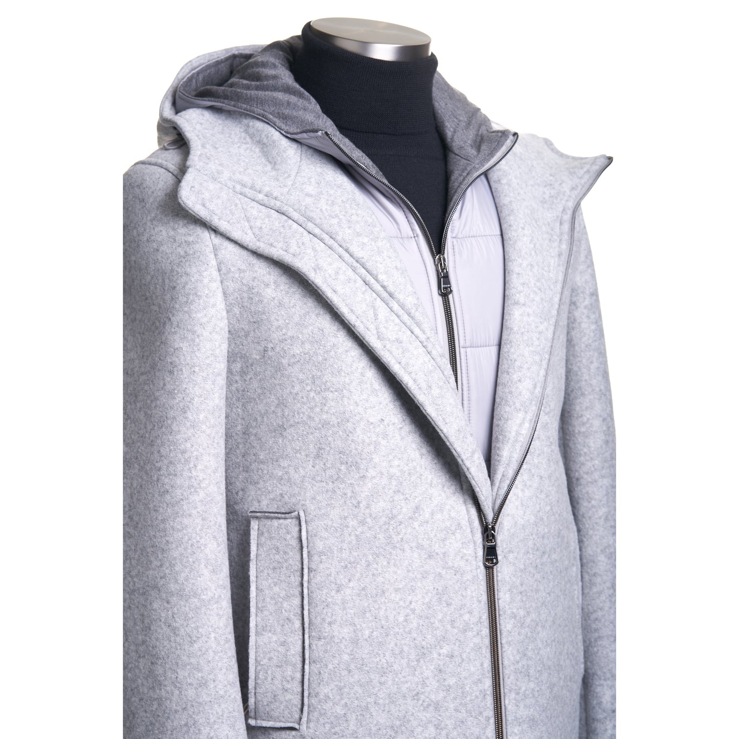 Fradi Wool Parka with Removable Hoodie and Chest-Piece in Pearl Grey