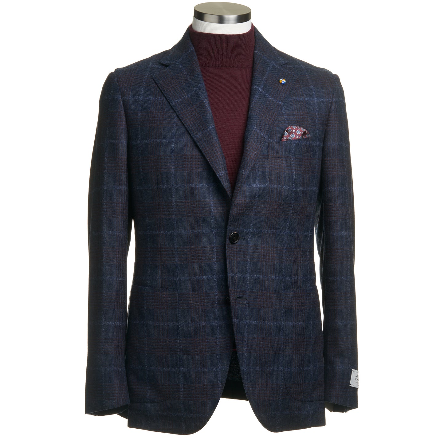 Belvest "Jacket in the Box" Wool Sport Coat in Blue and Maroon Windowpane