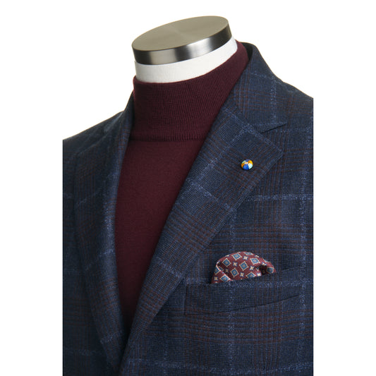 Belvest "Jacket in the Box" Wool Sport Coat in Blue and Maroon Windowpane