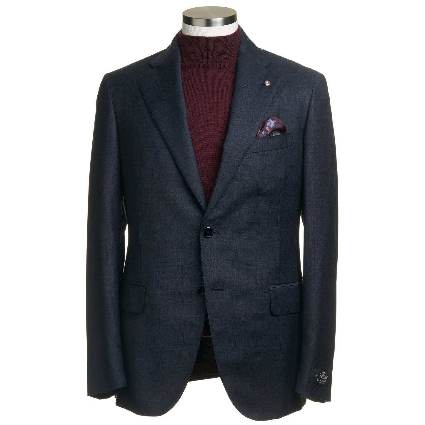 Belvest Super 130's Wool Suit in Navy Blue with Maroon Check