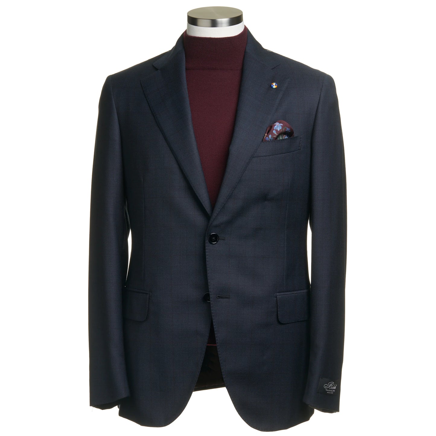 Belvest Super 130's Wool Suit in Navy Blue with Maroon Check