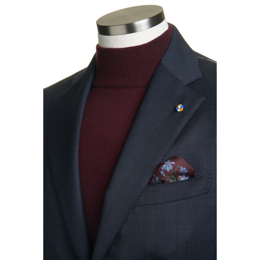 Belvest Super 130's Wool Suit in Navy Blue with Maroon Check