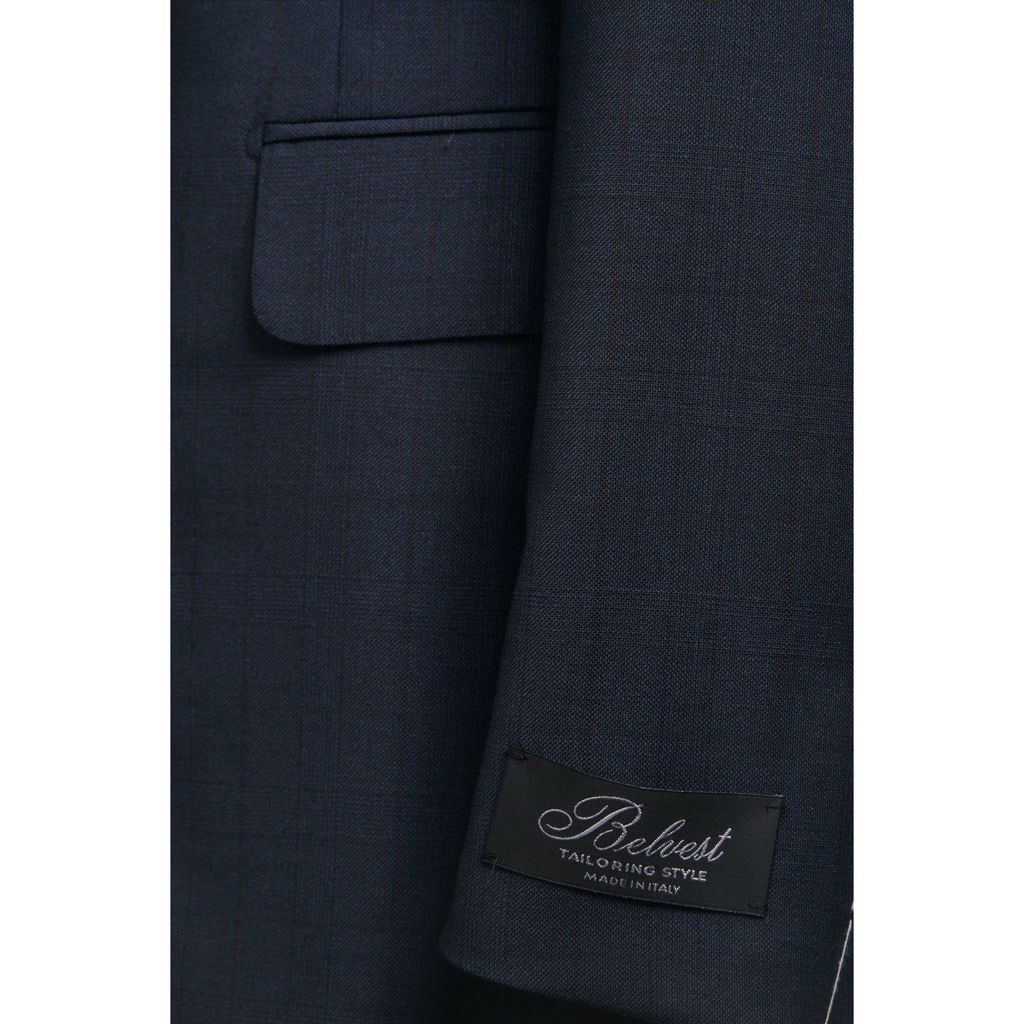 Belvest Super 130's Wool Suit in Navy Blue with Maroon Check