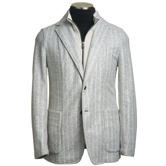 Fradi Wool Flannel Jersey Chalk Striped Jacket with Removable Chest Piece in Light Grey