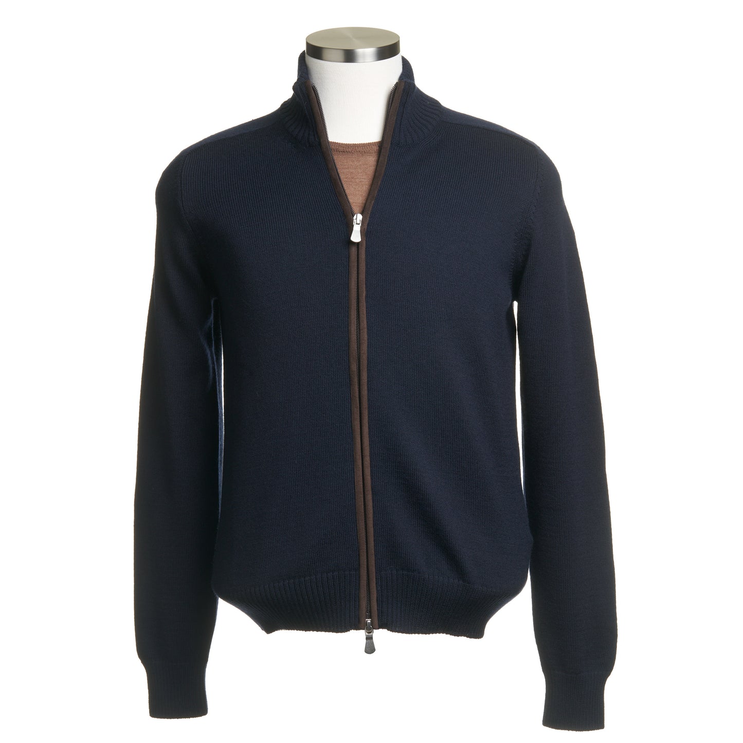 Gran Sasso Wool Full-Zip Jacket in Navy with Brown Elbow Patch