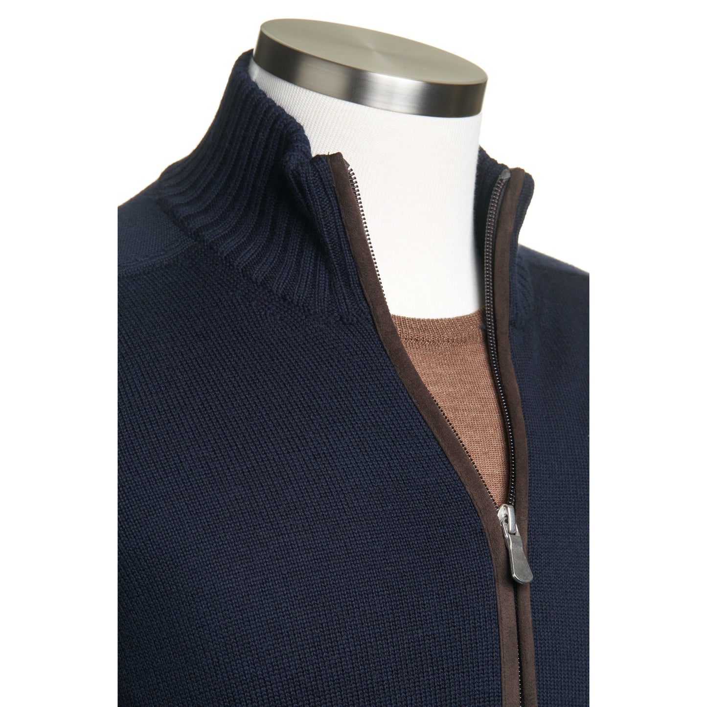 Gran Sasso Wool Full-Zip Jacket in Navy with Brown Elbow Patch