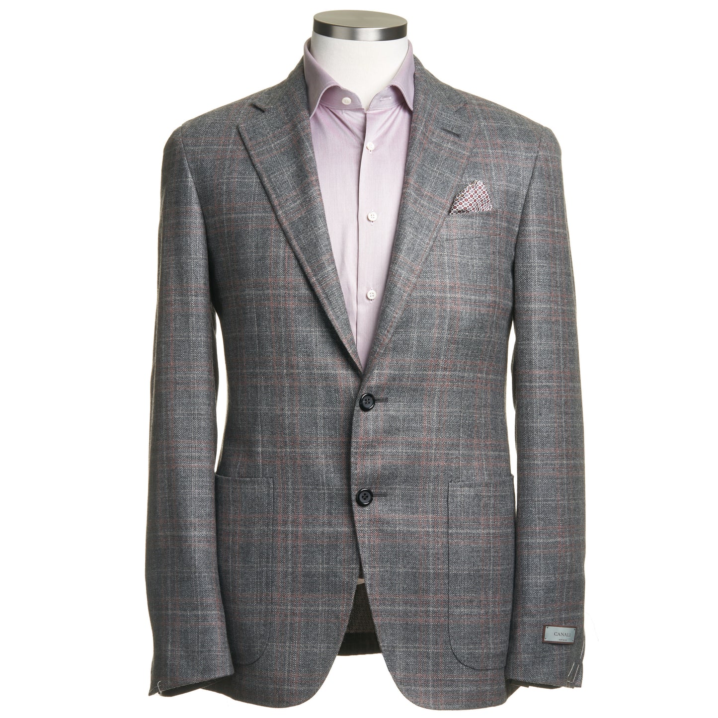 Canali Kei Model Wool, Silk & Cashmere Sport Coat in Light Grey with Coral Windowpane