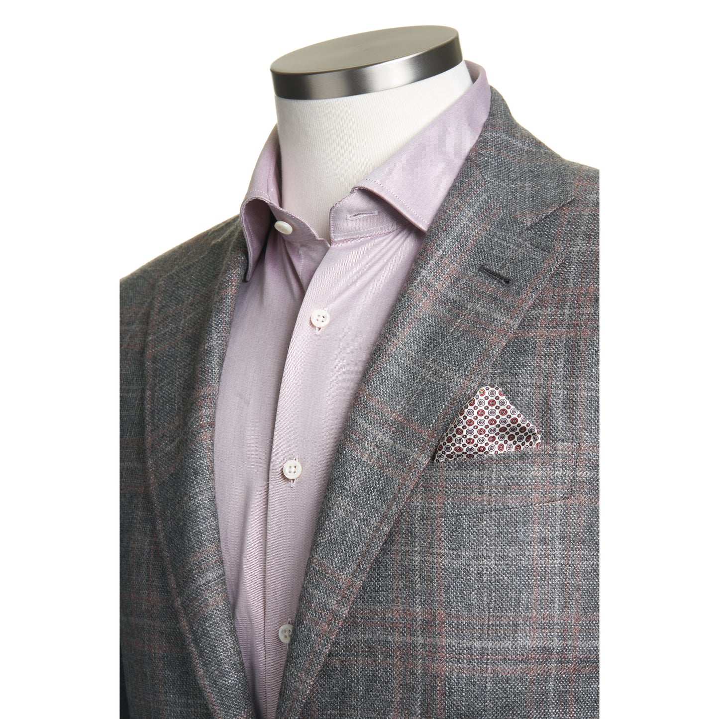 Canali Kei Model Wool, Silk & Cashmere Sport Coat in Light Grey with Coral Windowpane